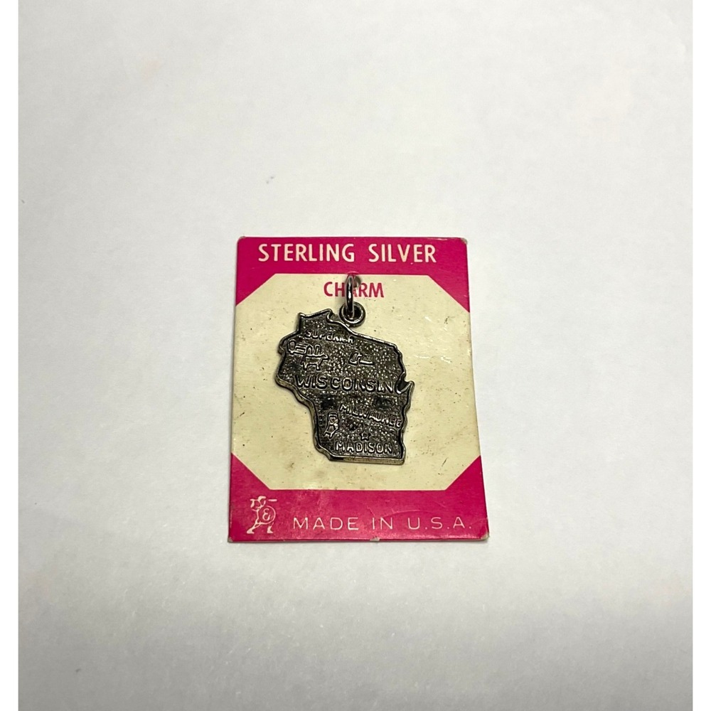 Vintage State WISCONSIN TAG CHARM OLD STOCK MADE IN U.S.A. STERLING SILVER